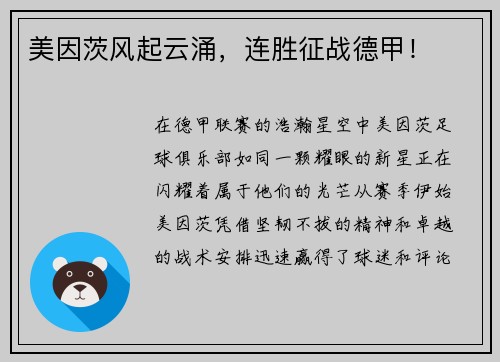 美因茨风起云涌，连胜征战德甲！